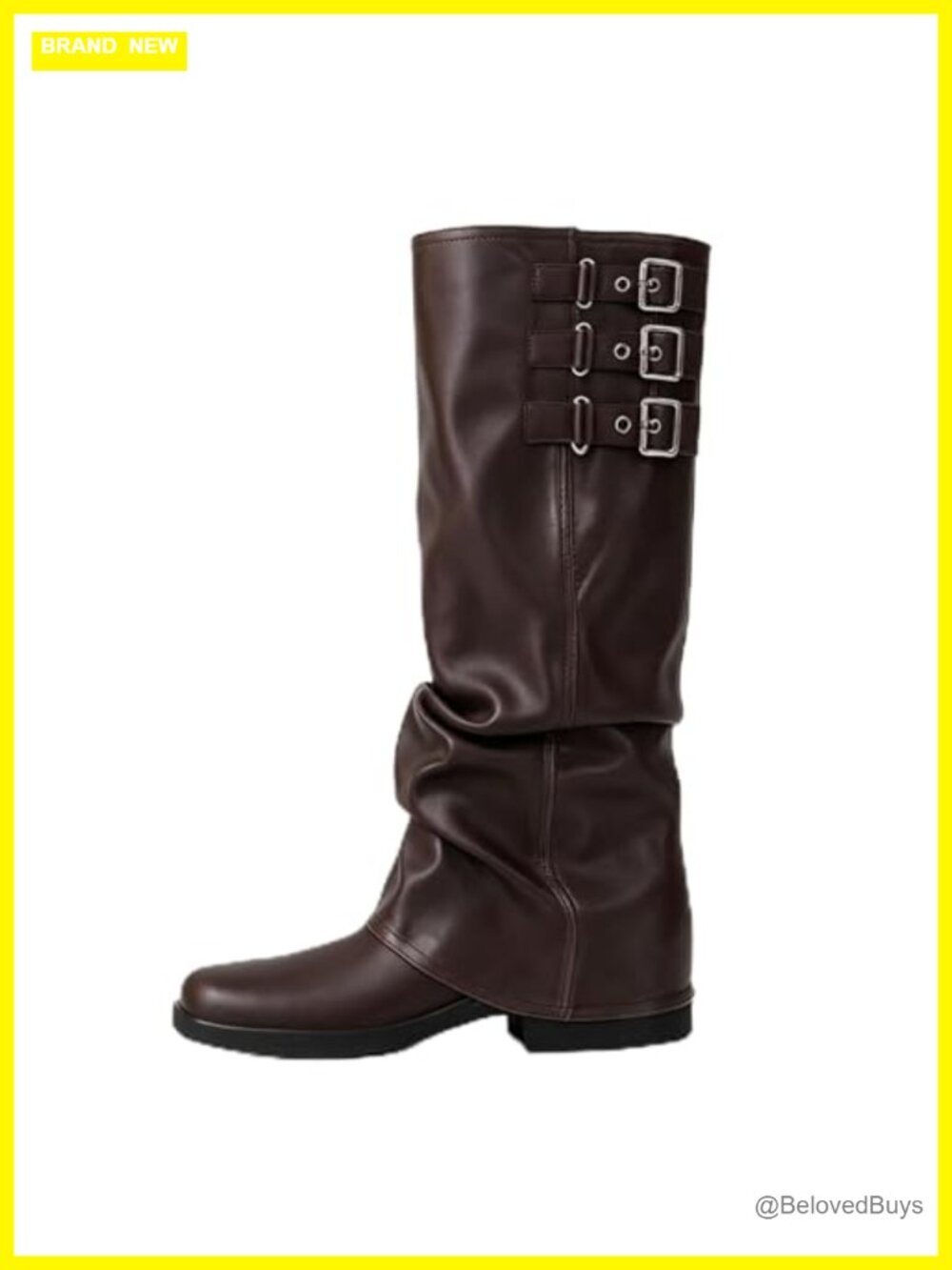 Slouchy Knee High Boots Faux Leather Pull On Chunky Low Heel Round Toe